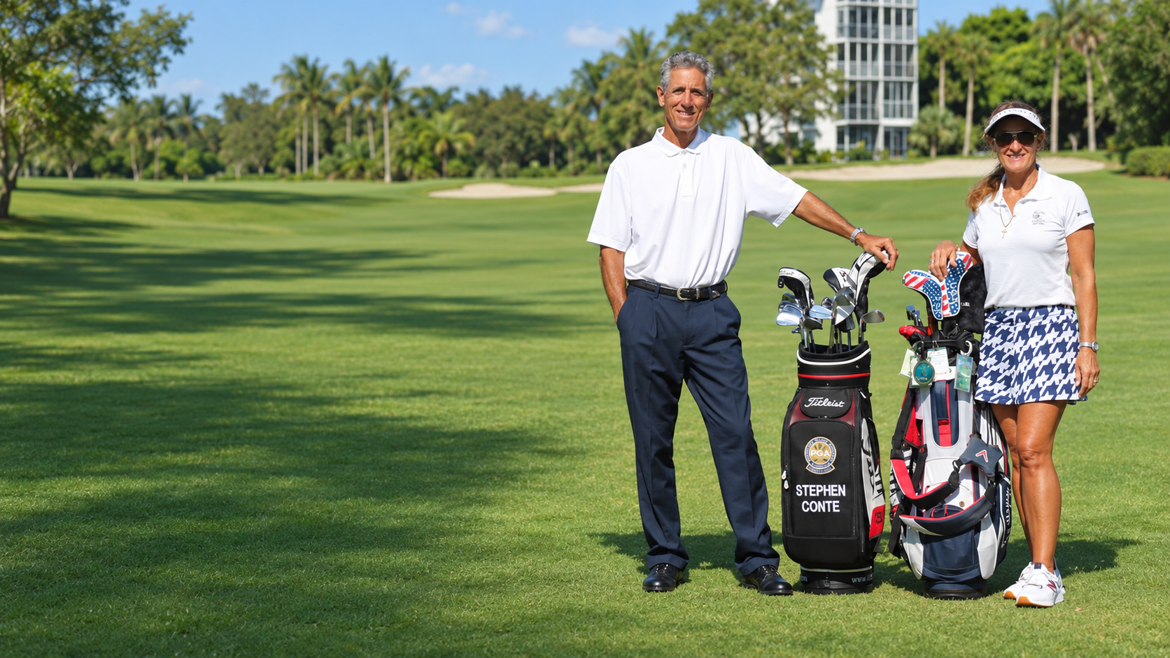 Stephen and Michele Conte on the fairway at Palm Aire Golf Academy in Pompano Beach